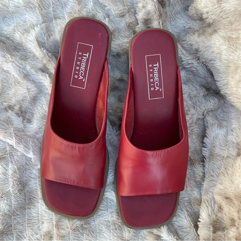 TRIBECA Studio Red Slide Sandals with Low Block Heel - Picture 8 of 8